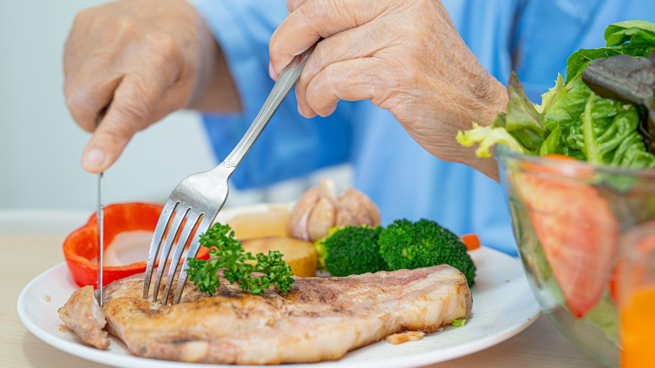 - nurição oncológica - dieta para pacientes com câncer - pessoa se alimentando, prato com alimentos saudáveis